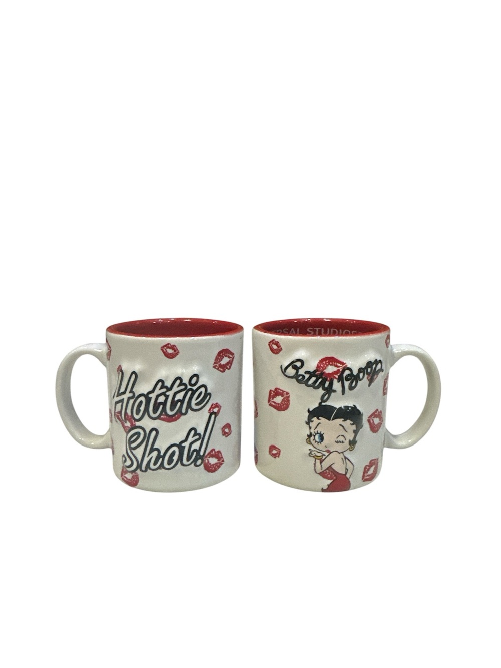 Betty Boop Ceramic Shot Mug Pair in White and Red Kiss Design Like New